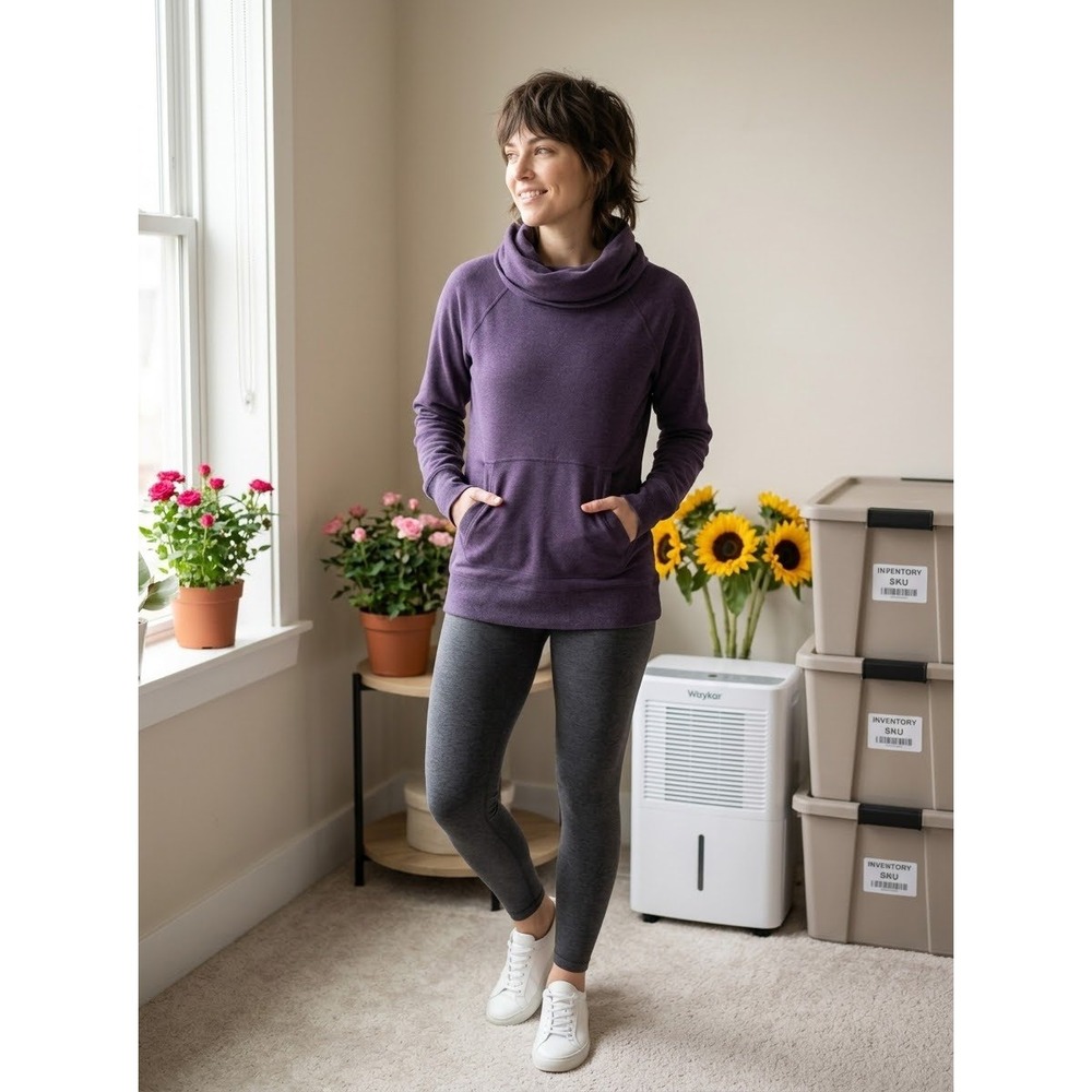 Cowl Neck Thumbhole L.L. Bean Purple Cotton Blend Pullover Size S Small Petite
